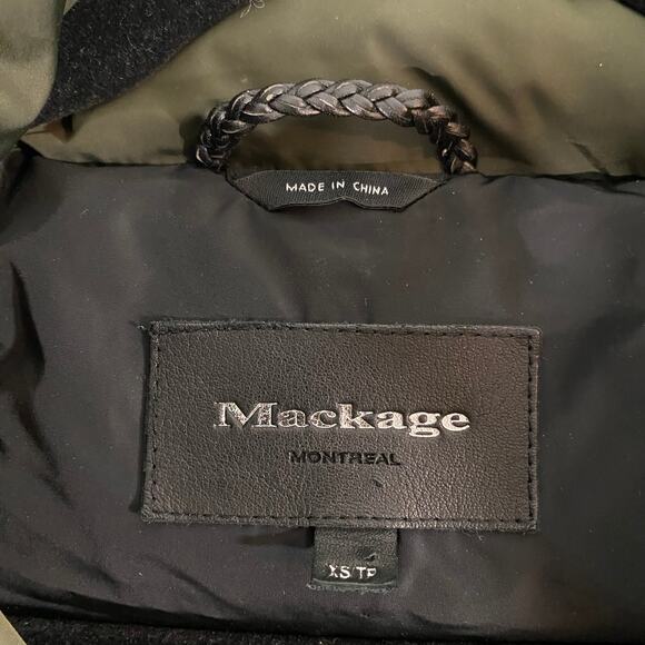 Mackage Women's Green Cynthia Black Leather Sleeve & Trim Parka Size XS - Picture 9 of 14